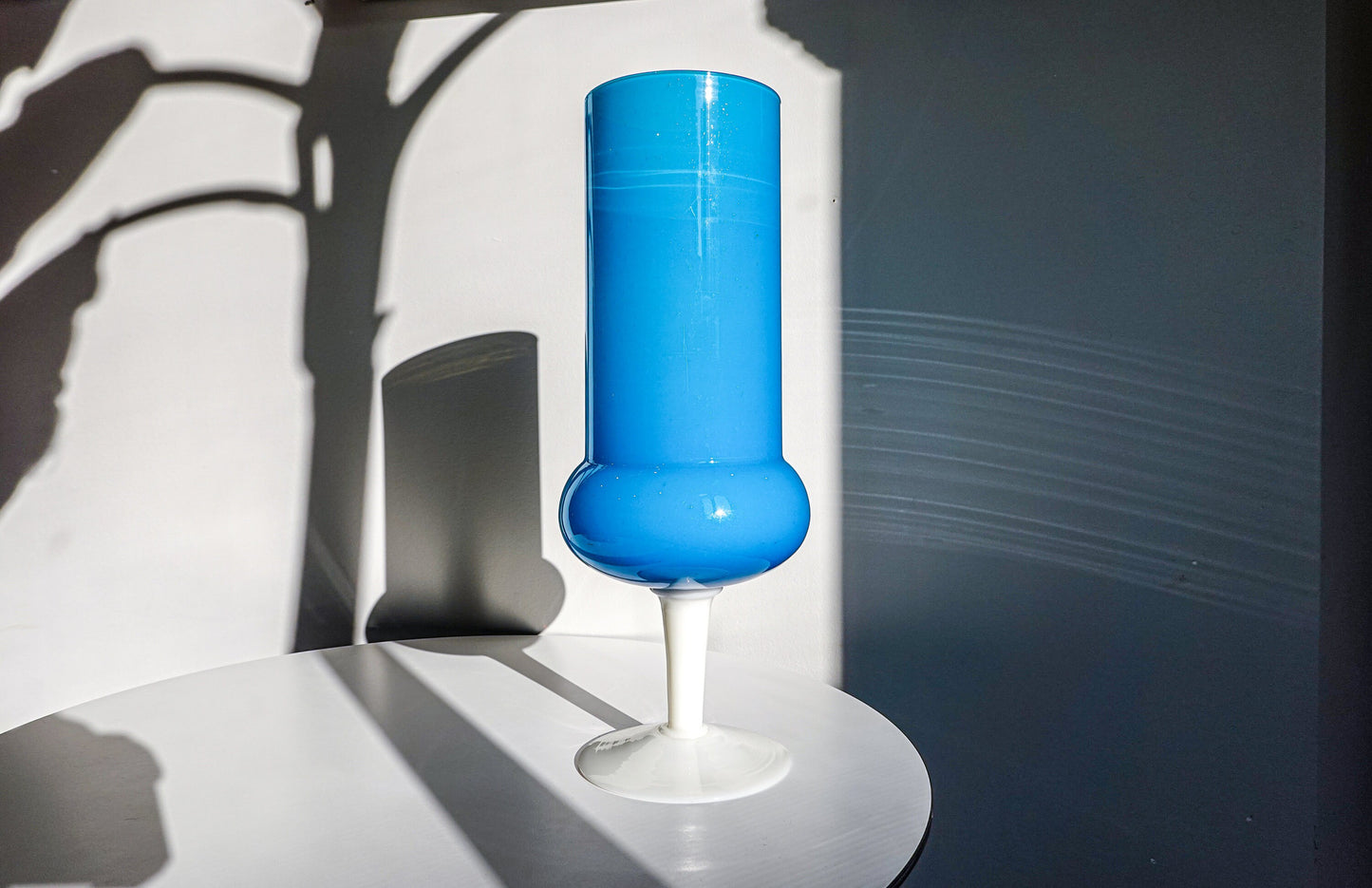 60's Opaline Glass - Tall Footed White and Blue Blown Glass Vase - Super Tall Vase - Vintage Empoli Vase