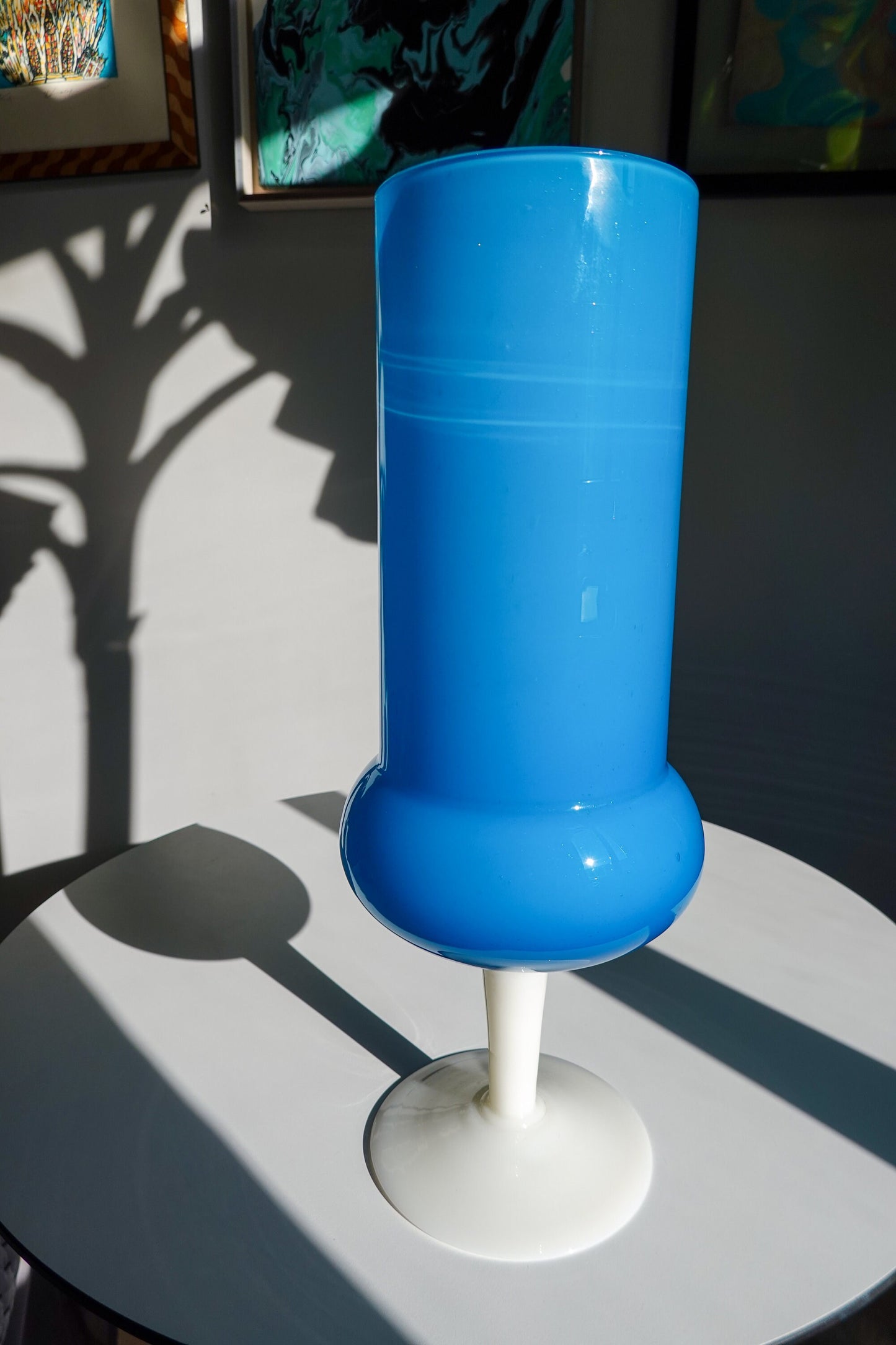 60's Opaline Glass - Tall Footed White and Blue Blown Glass Vase - Super Tall Vase - Vintage Empoli Vase