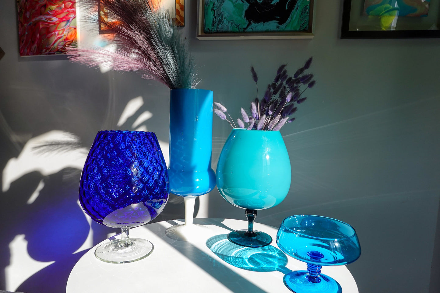 60's Opaline Glass - Tall Footed White and Blue Blown Glass Vase - Super Tall Vase - Vintage Empoli Vase