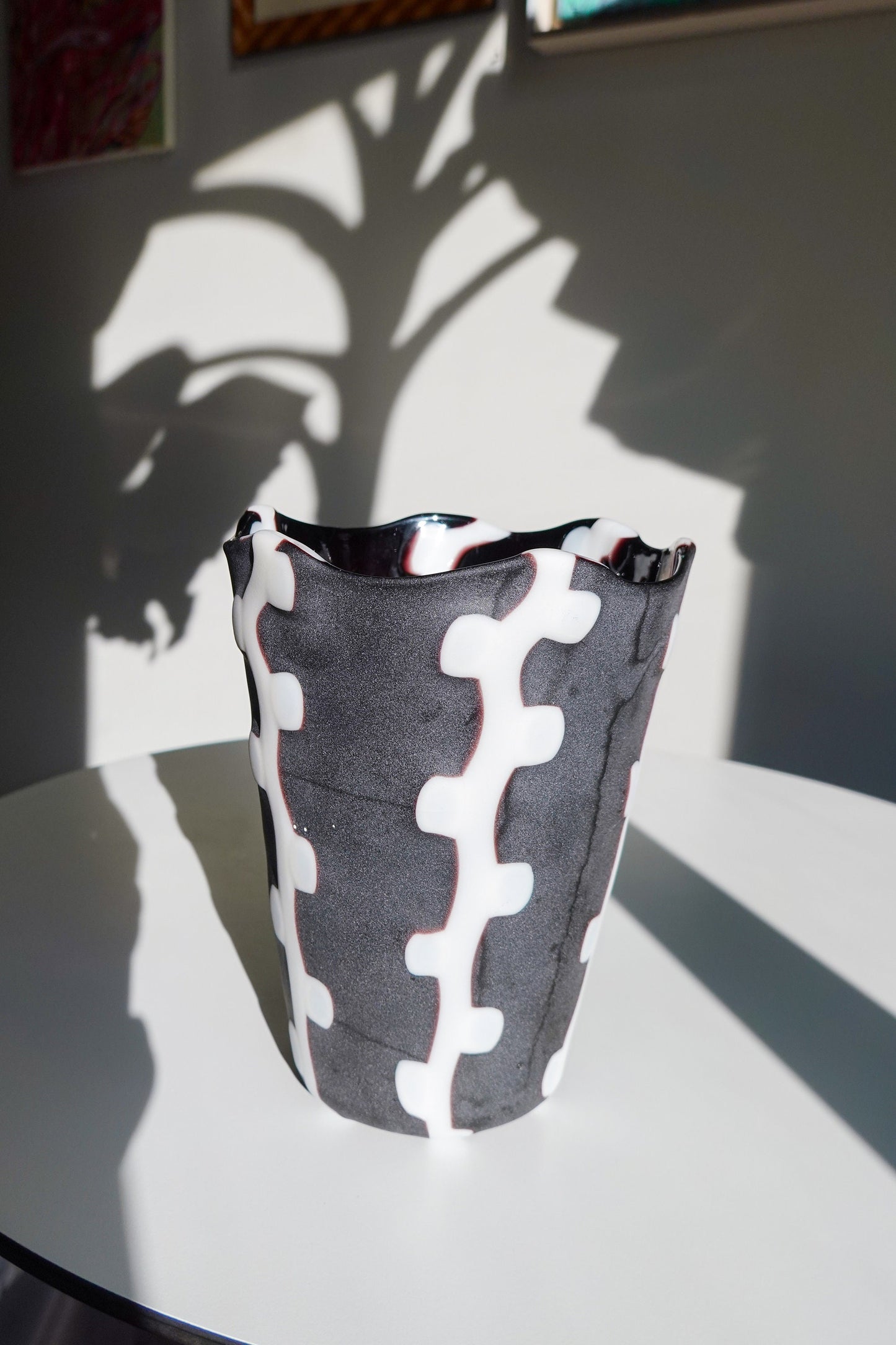 Vintage Handmade Squiggle Art Glass Vase - Matte Black and White Vase - Handmade Artisan Vase - High Contrast Pattern Vase