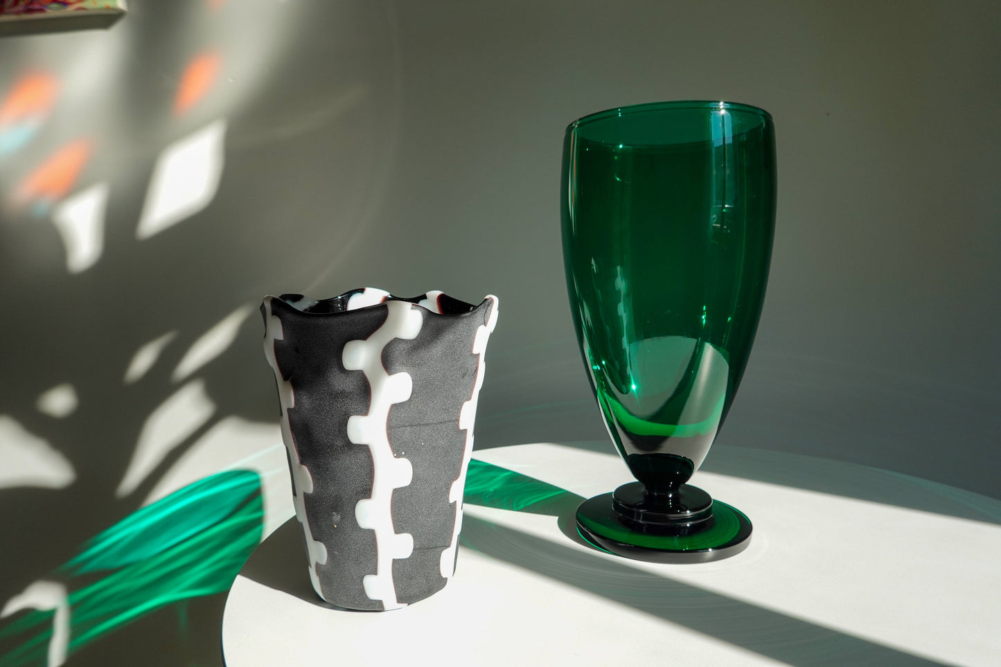 Vintage Handmade Squiggle Art Glass Vase - Matte Black and White Vase - Handmade Artisan Vase - High Contrast Pattern Vase