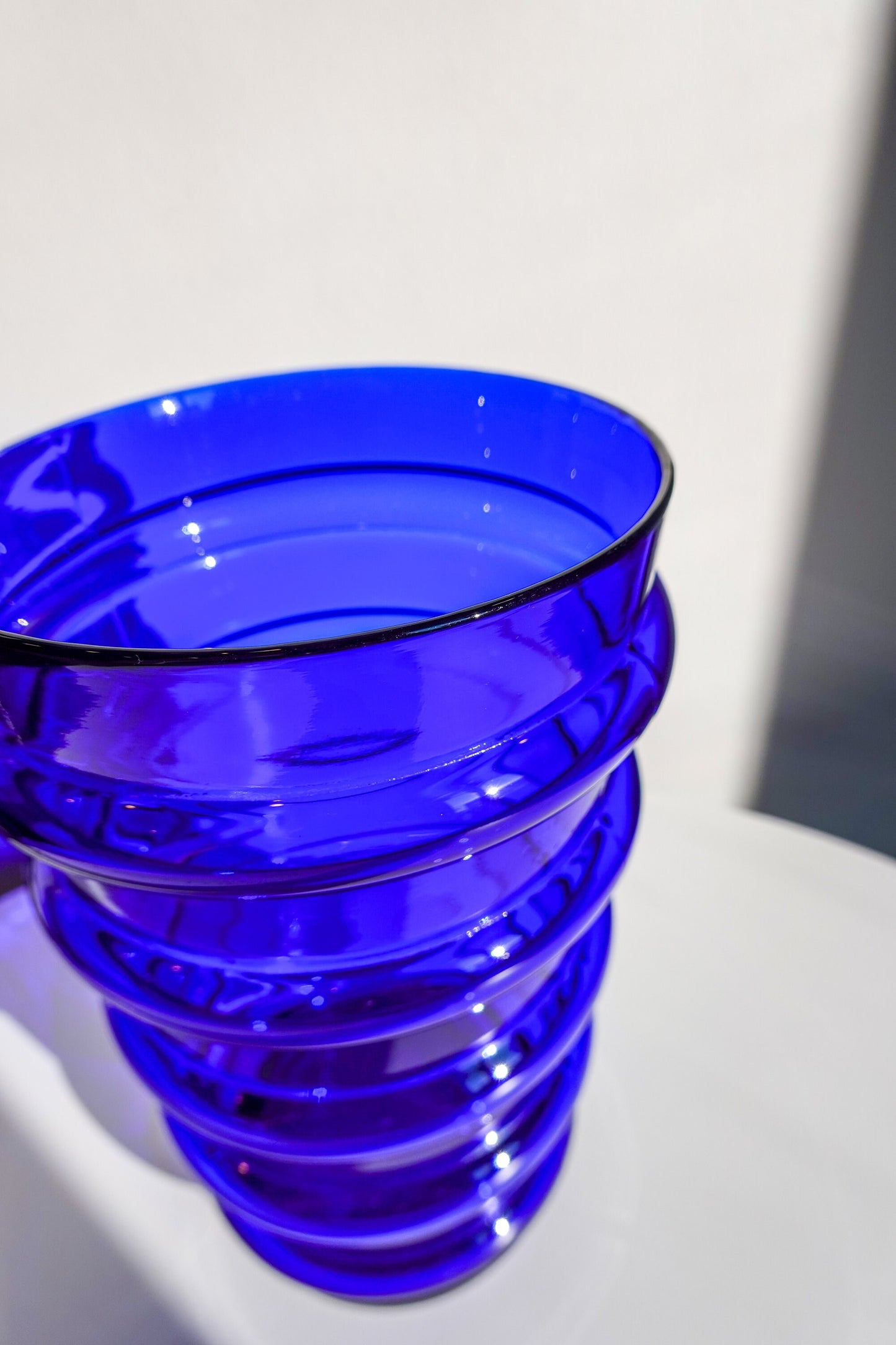 Vintage Banded Art Glass Vase - Art Deco Style Vase - Cobalt Blue - Pressed Glass with 5 Banded Rings - Pressed Glass