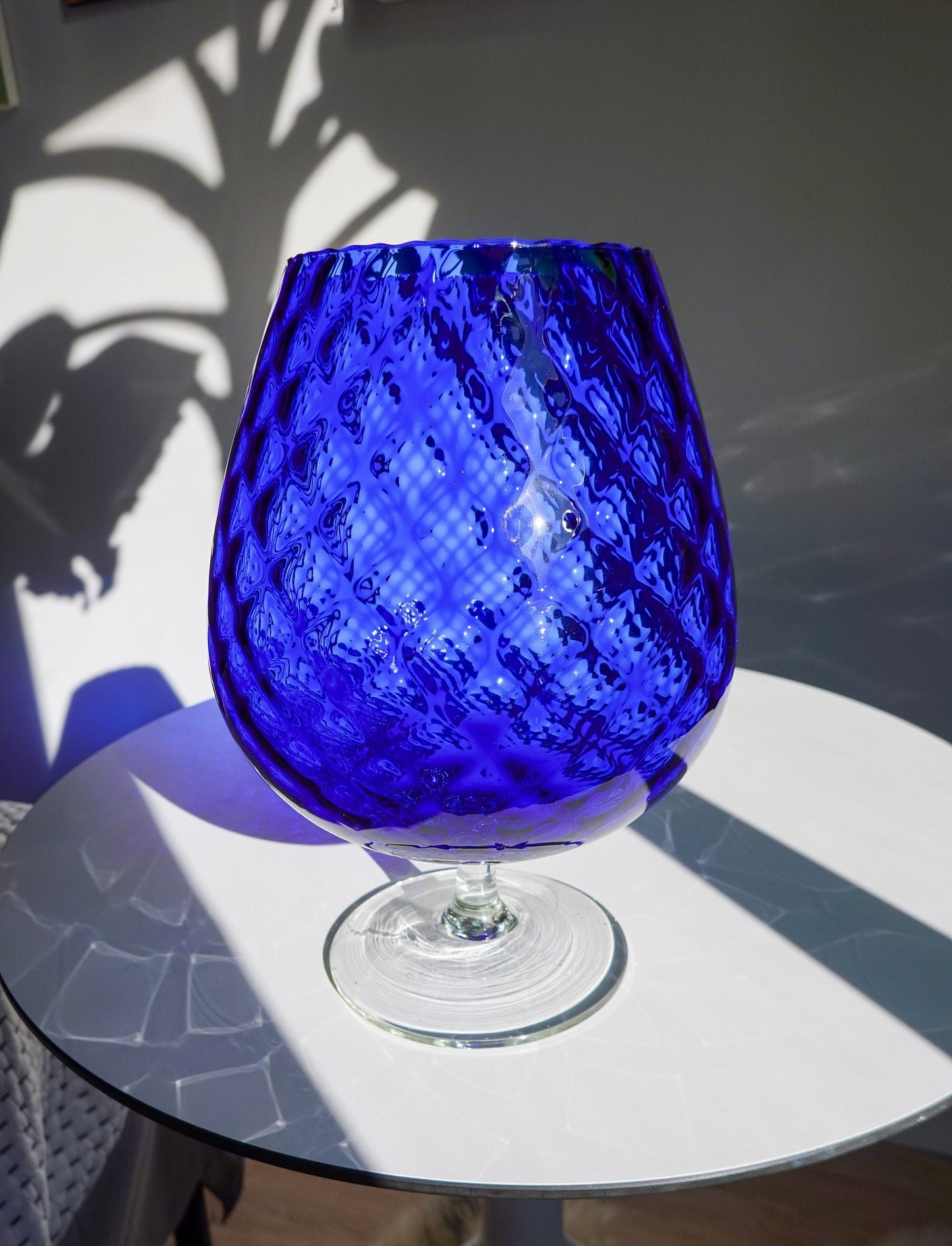 60's Vintage Italian Empoli Vase - Large Optical Glass - Footed Glass with Relief Pattern - Cobalt Blue Vase