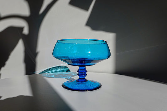 60's Peacock Blue Footed Candy Bowl - Vintage Pedestal Vessel with Controlled Bubbles - Turquoise Glass Bowl Compote