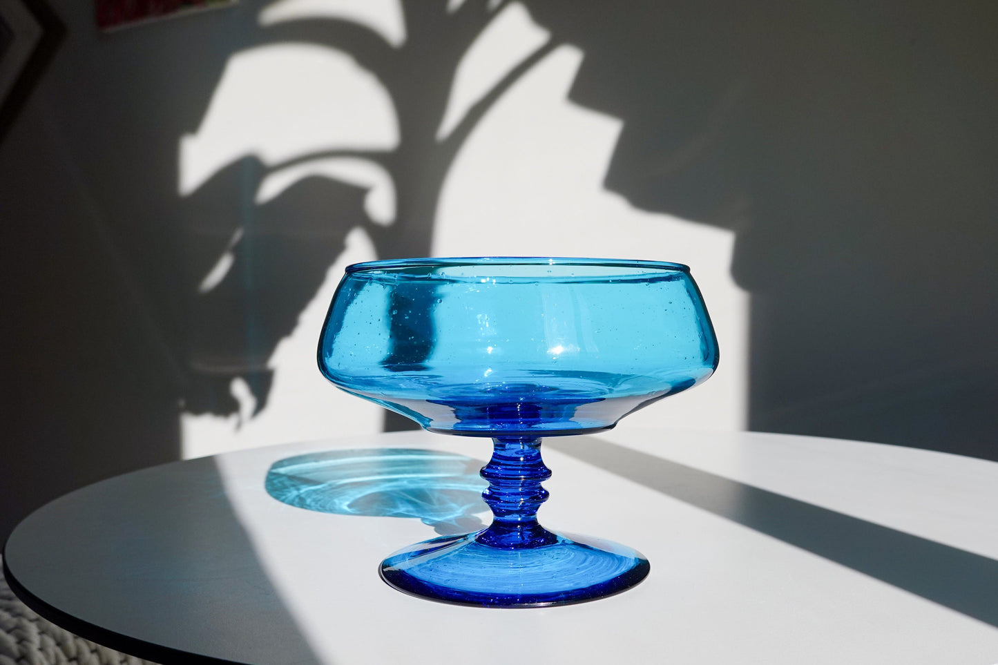 60's Peacock Blue Footed Candy Bowl - Vintage Pedestal Vessel with Controlled Bubbles - Turquoise Glass Bowl Compote
