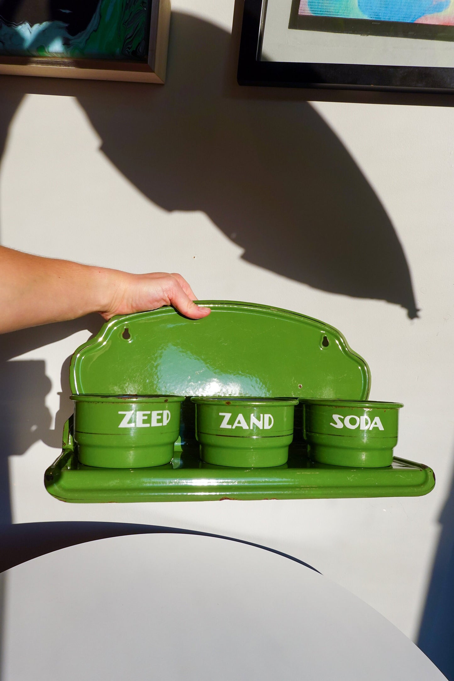 70's Dutch Enamel Wall-Mounted Storage - Zand, Zeep and Soda - Beautiful Green - Vintage Washing Station - MCM Wall Mounted Storage