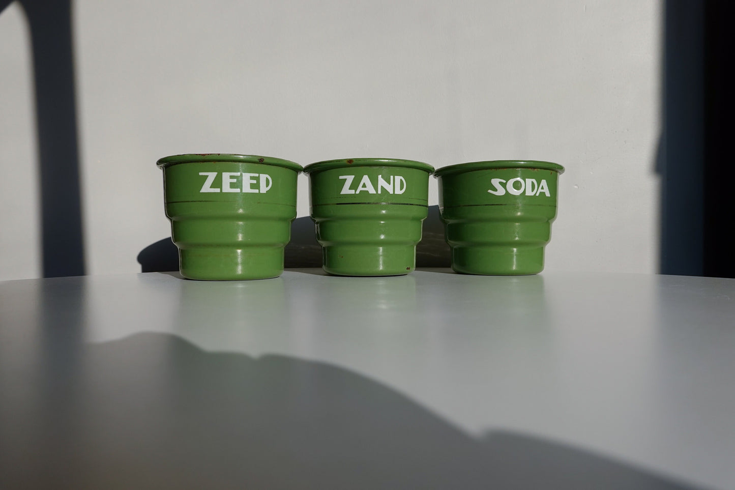 70's Dutch Enamel Wall-Mounted Storage - Zand, Zeep and Soda - Beautiful Green - Vintage Washing Station - MCM Wall Mounted Storage