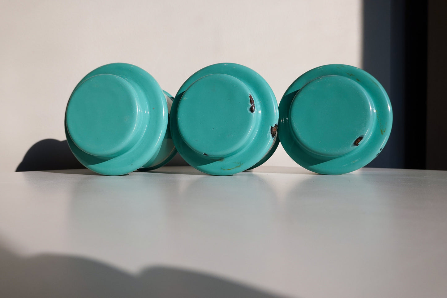 70's Dutch Enamel Cups - Zand, Zeep and Soda - Teal Vintage Enamelware Cups - Vintage Graphic Storage Cups