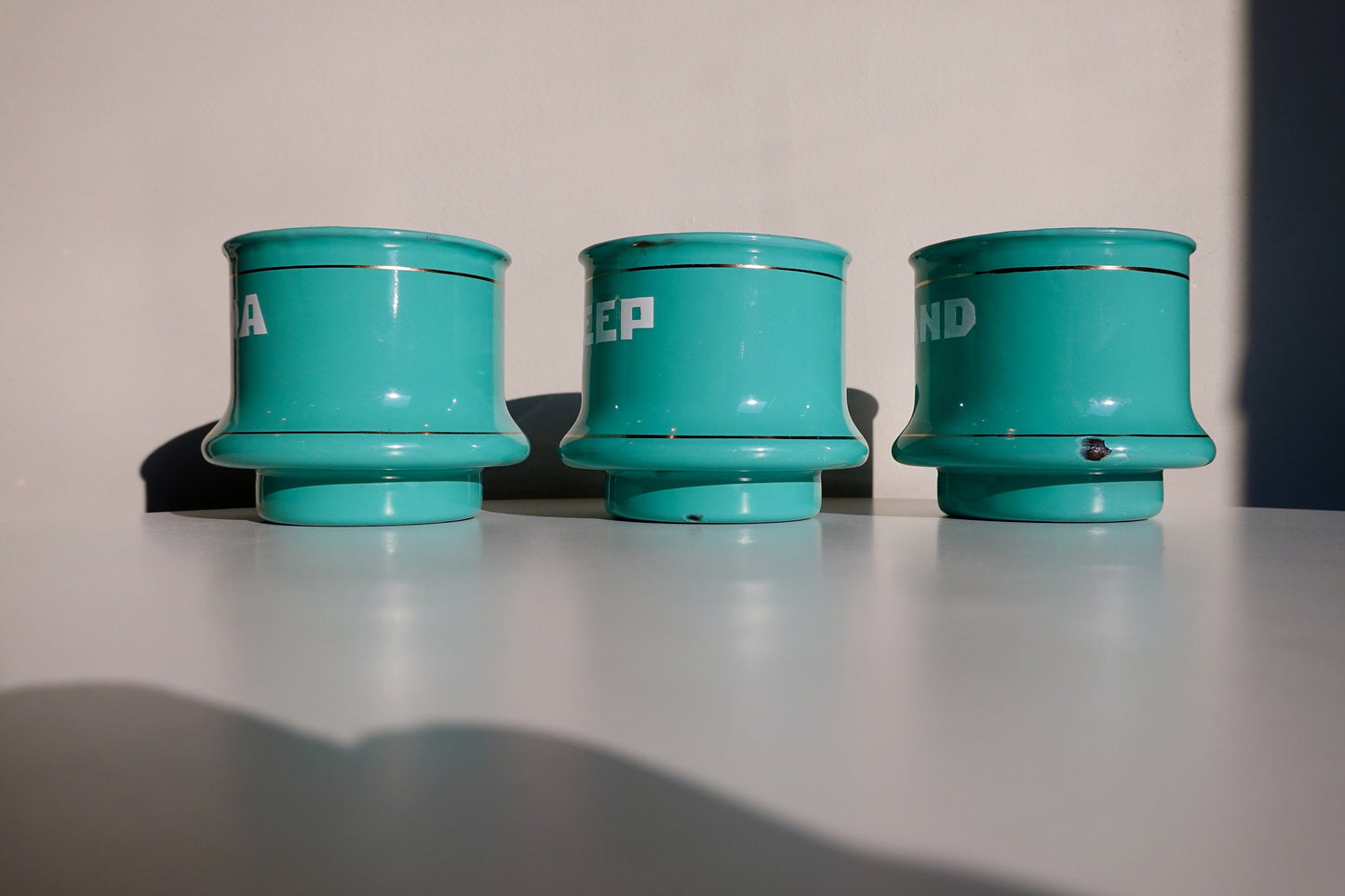 70's Dutch Enamel Cups - Zand, Zeep and Soda - Teal Vintage Enamelware Cups - Vintage Graphic Storage Cups