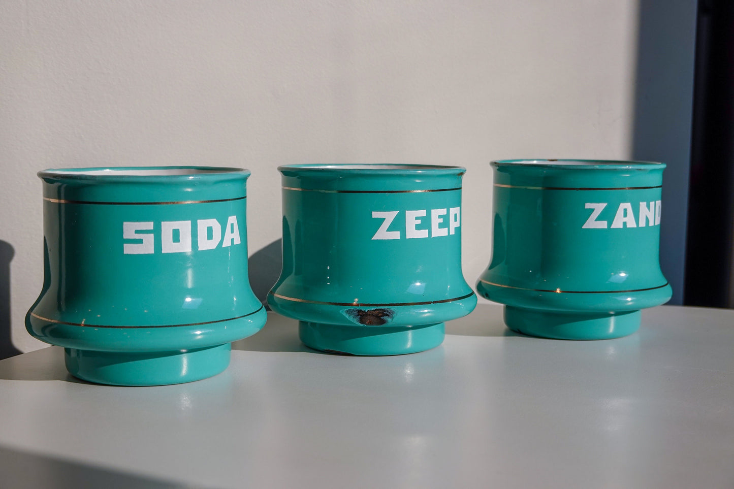 70's Dutch Enamel Cups - Zand, Zeep and Soda - Teal Vintage Enamelware Cups - Vintage Graphic Storage Cups