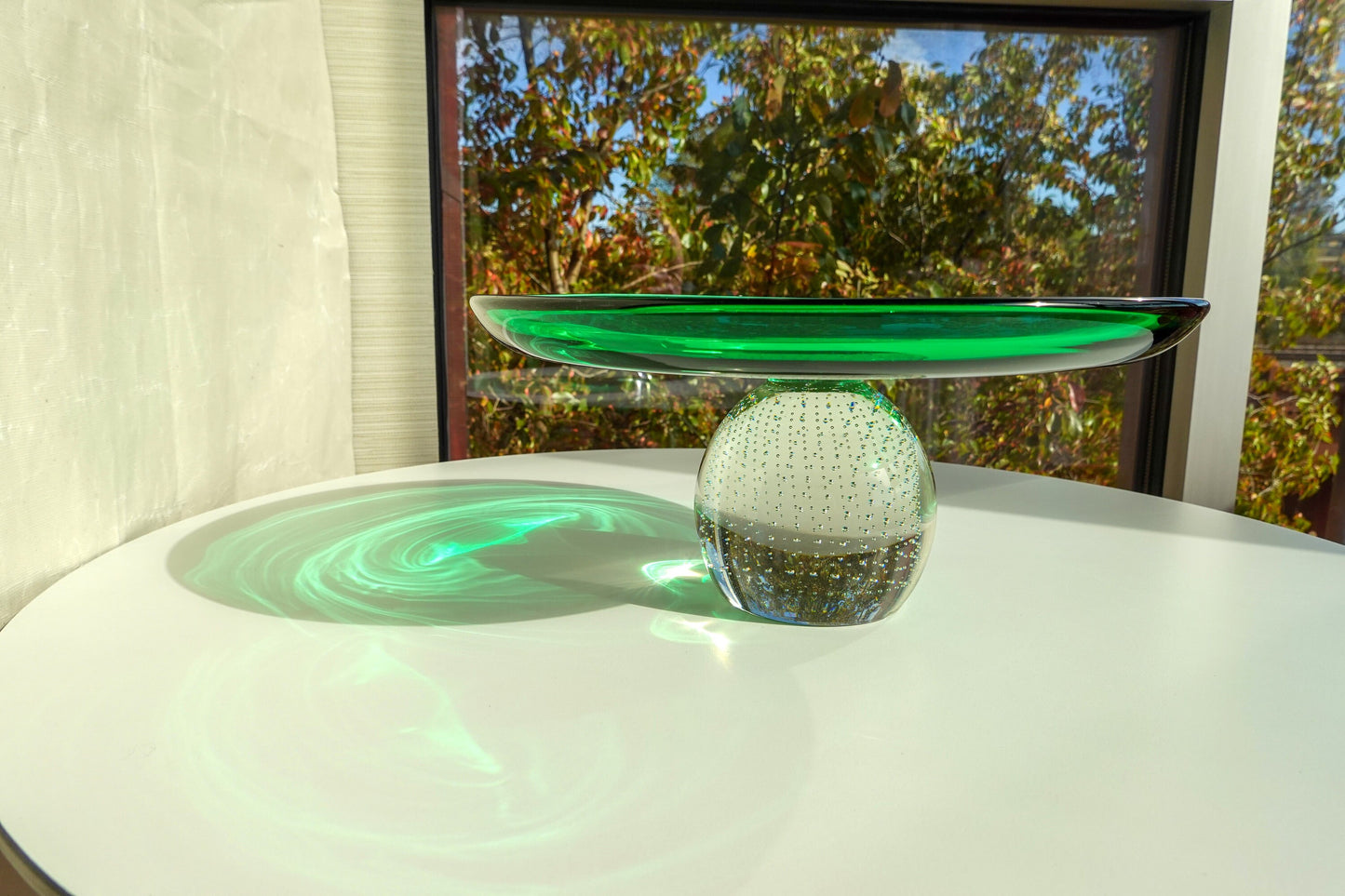 Vintage Emerald Green & Clear Glass Stand - Weighted Bottom - Controlled Bubbles - Bullicante - Cake Stand - Hand Blown - Erickson Glass