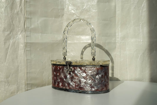 50's Pearlized Lucite Purse - Oval Box Bag with Carved Details - Vintage Taffeta Acrylic Bag by Charles Kahn