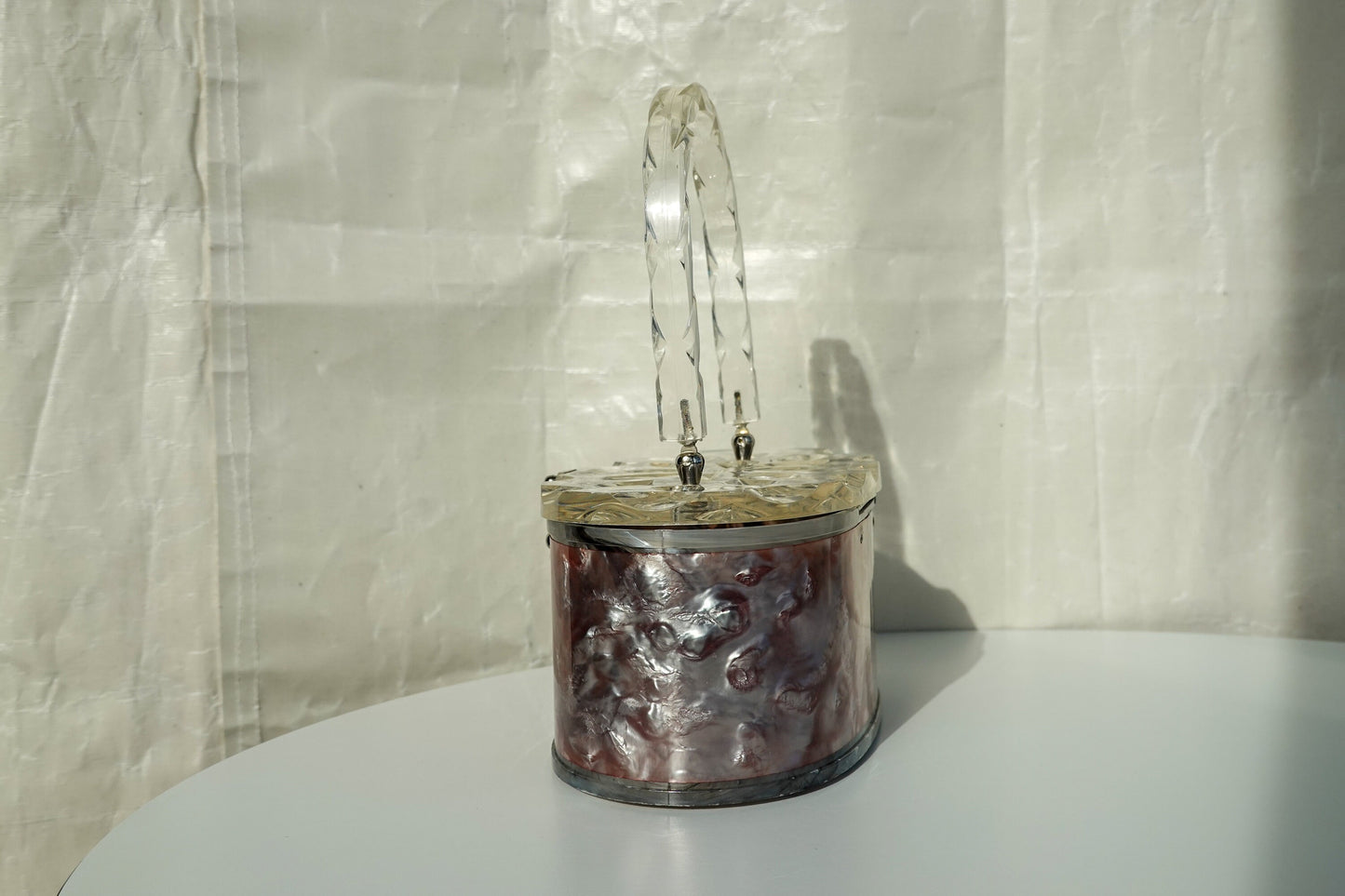 50's Pearlized Lucite Purse - Oval Box Bag with Carved Details - Vintage Taffeta Acrylic Bag by Charles Kahn