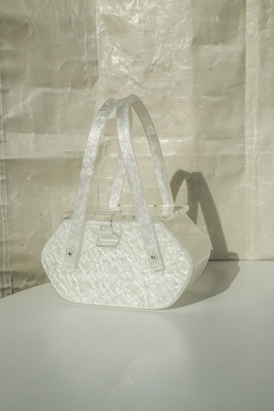50's Pearly White Lucite Purse - Unique Shape Box Bag - Vintage Acrylic Evening Bag with Carved Top by Siran
