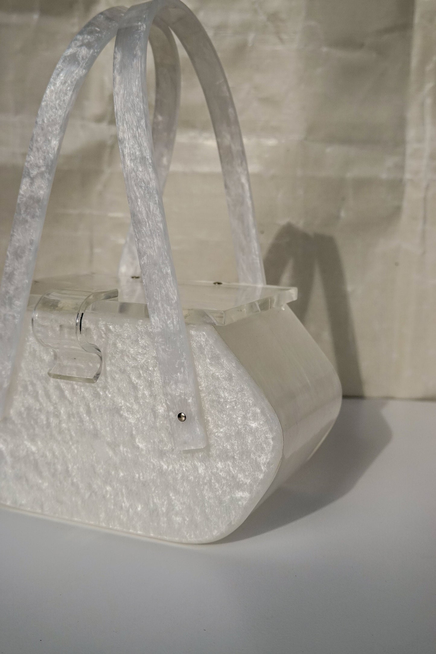50's Pearly White Lucite Purse - Unique Shape Box Bag - Vintage Acrylic Evening Bag with Carved Top by Siran