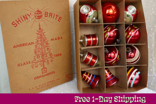 40's Christmas Ornaments - Set of 12 Assorted Vintage Shiny Brite Xmas Ornaments - Hand Painted Glass, Lantern, Bell, Stripe, Double Indent