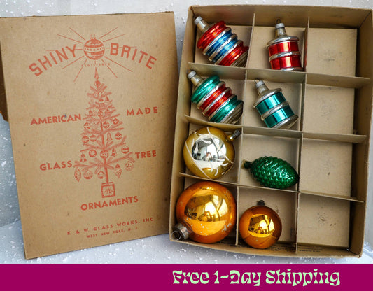 40's Christmas Ornaments - Set of 8 Assorted Vintage Shiny Brite & Glasscraft Xmas Ornaments - Hand Painted Glass, Lantern, Pinecone