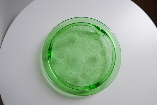 30's Uranium Glass - Vintage Footed Tray or Cake Stand with Flowers - "Jeannette Sunflower" - UV Reactive