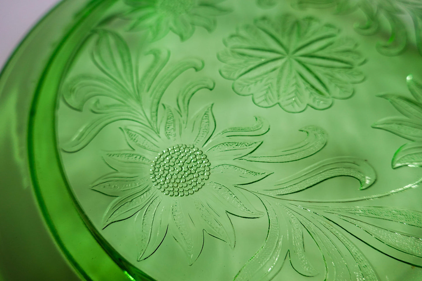 30's Uranium Glass - Vintage Footed Tray or Cake Stand with Flowers - "Jeannette Sunflower" - UV Reactive