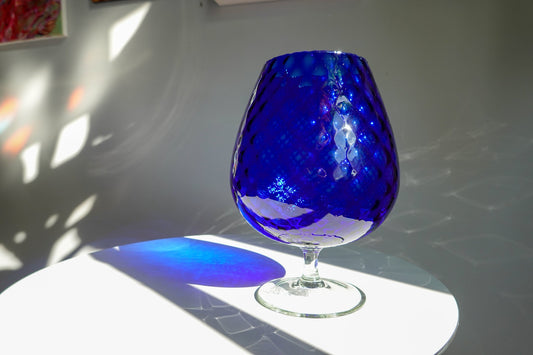60's Vintage Italian Empoli Vase - Large Optical Glass - Footed Glass with Relief Pattern - Cobalt Blue Vase