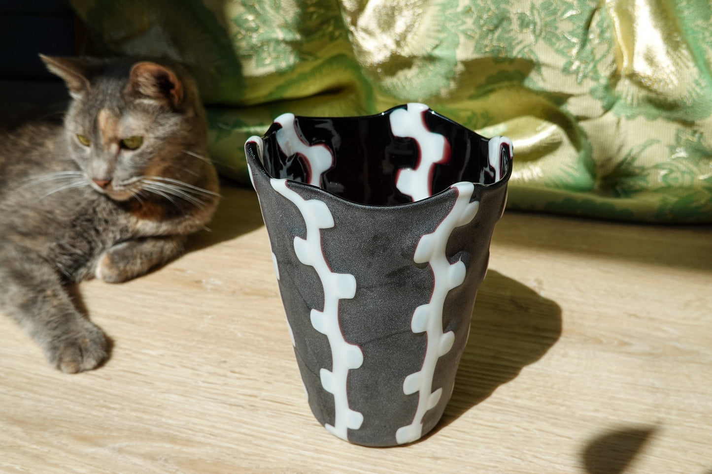Vintage Handmade Squiggle Art Glass Vase - Matte Black and White Vase - Handmade Artisan Vase - High Contrast Pattern Vase