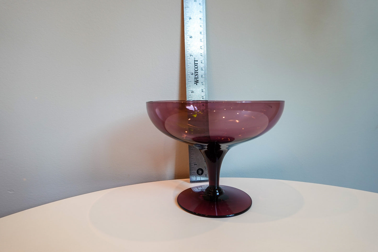 60's Glass Compote - Plum Purple Glass Footed Dish - Vintage Footed Bowl