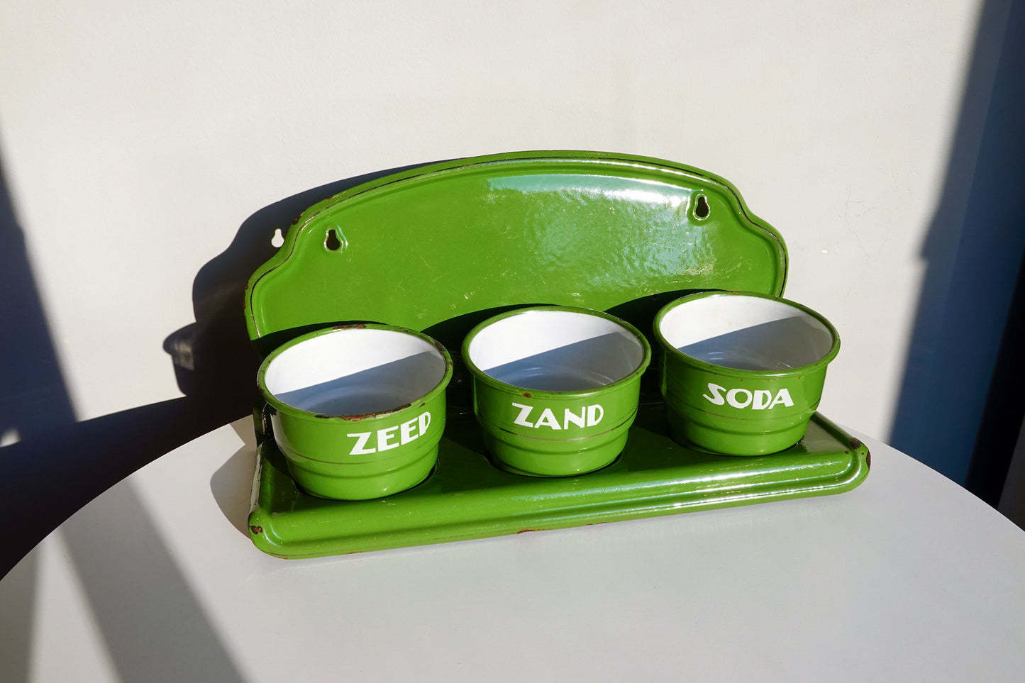 70's Dutch Enamel Wall-Mounted Storage - Zand, Zeep and Soda - Beautiful Green - Vintage Washing Station - MCM Wall Mounted Storage