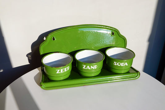 70's Dutch Enamel Wall-Mounted Storage - Zand, Zeep and Soda - Beautiful Green - Vintage Washing Station - MCM Wall Mounted Storage