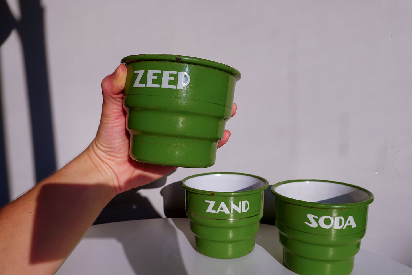 70's Dutch Enamel Wall-Mounted Storage - Zand, Zeep and Soda - Beautiful Green - Vintage Washing Station - MCM Wall Mounted Storage