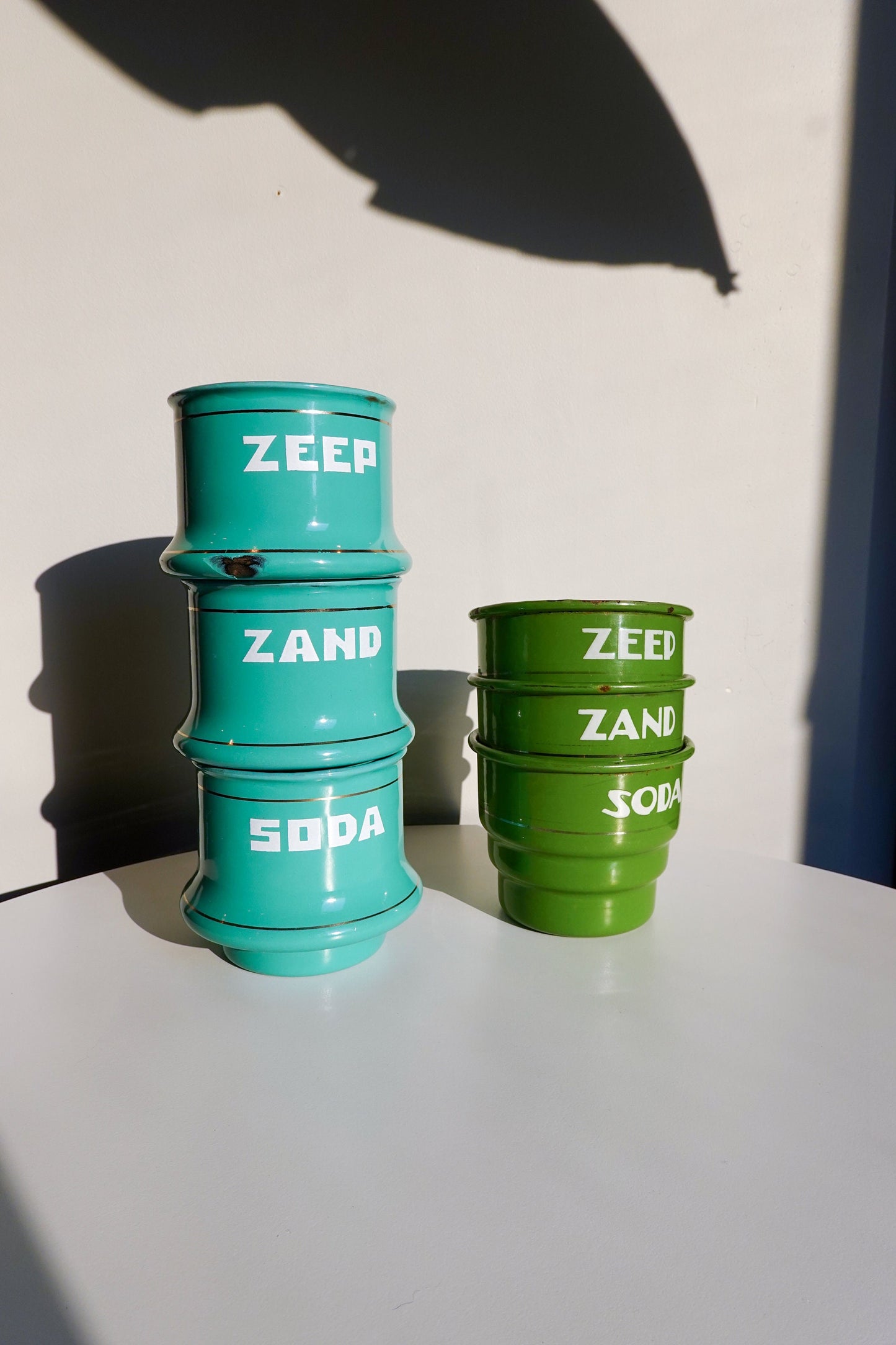 70's Dutch Enamel Cups - Zand, Zeep and Soda - Teal Vintage Enamelware Cups - Vintage Graphic Storage Cups