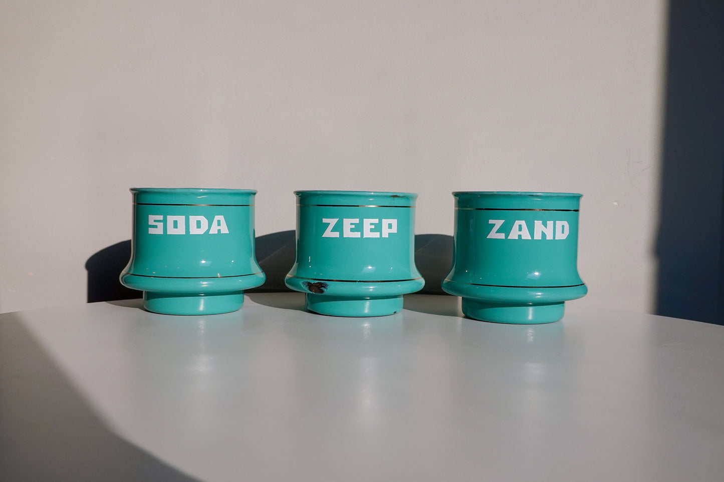 70's Dutch Enamel Cups - Zand, Zeep and Soda - Teal Vintage Enamelware Cups - Vintage Graphic Storage Cups
