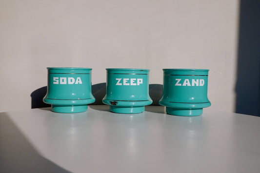 70's Dutch Enamel Cups - Zand, Zeep and Soda - Teal Vintage Enamelware Cups - Vintage Graphic Storage Cups