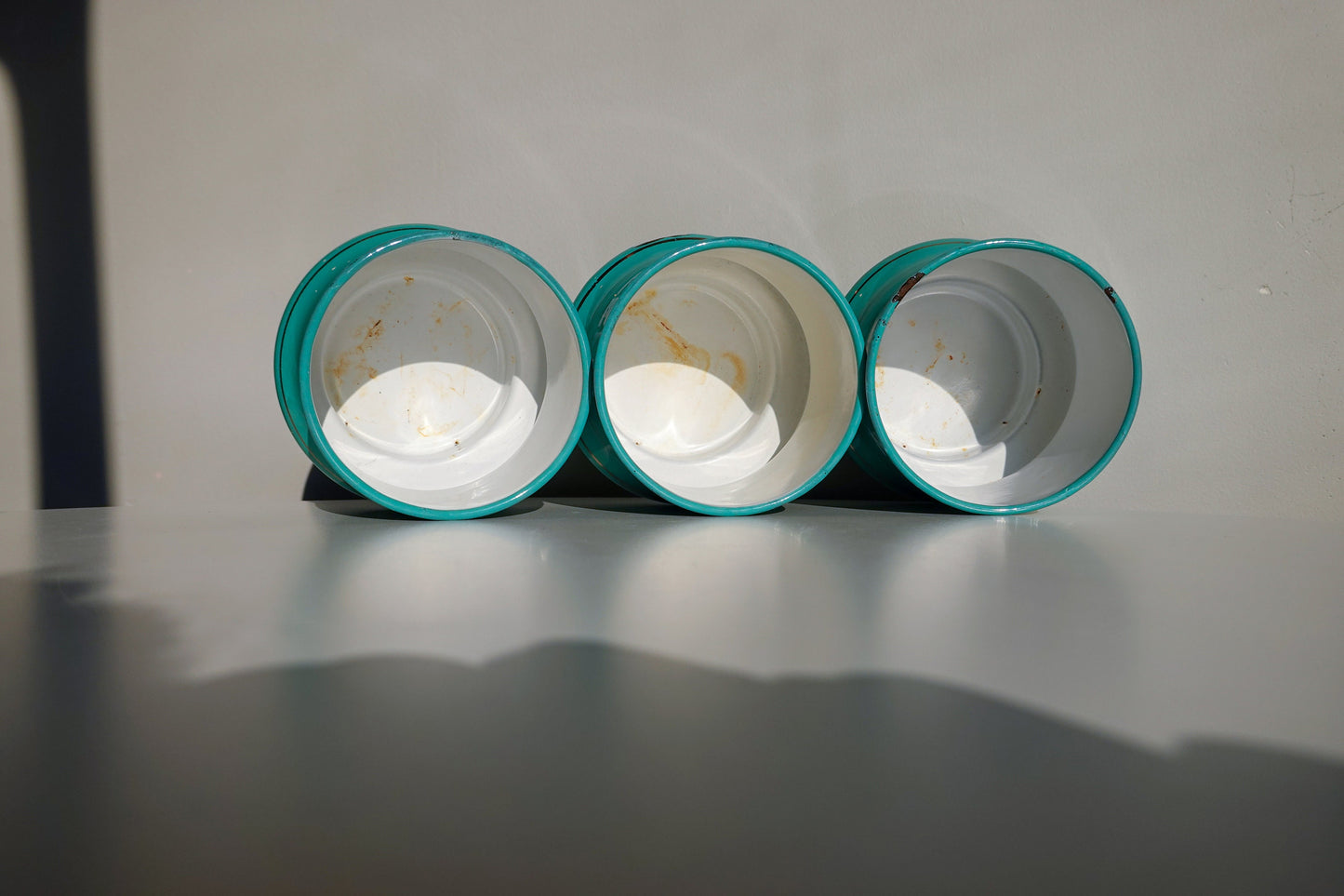 70's Dutch Enamel Cups - Zand, Zeep and Soda - Teal Vintage Enamelware Cups - Vintage Graphic Storage Cups