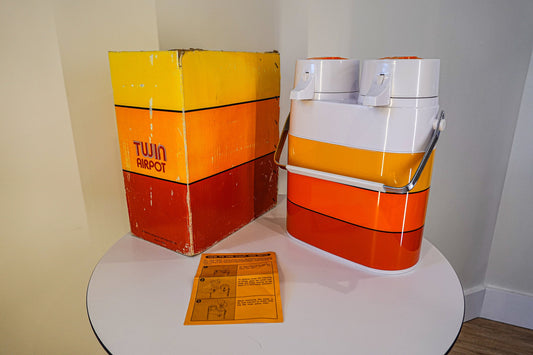 70's Twin Airpot - Made in Japan by Interpur - Vintage Twin Thermos - NOS Original Box, Packaging, Instructions - Atomic Design Kitchen