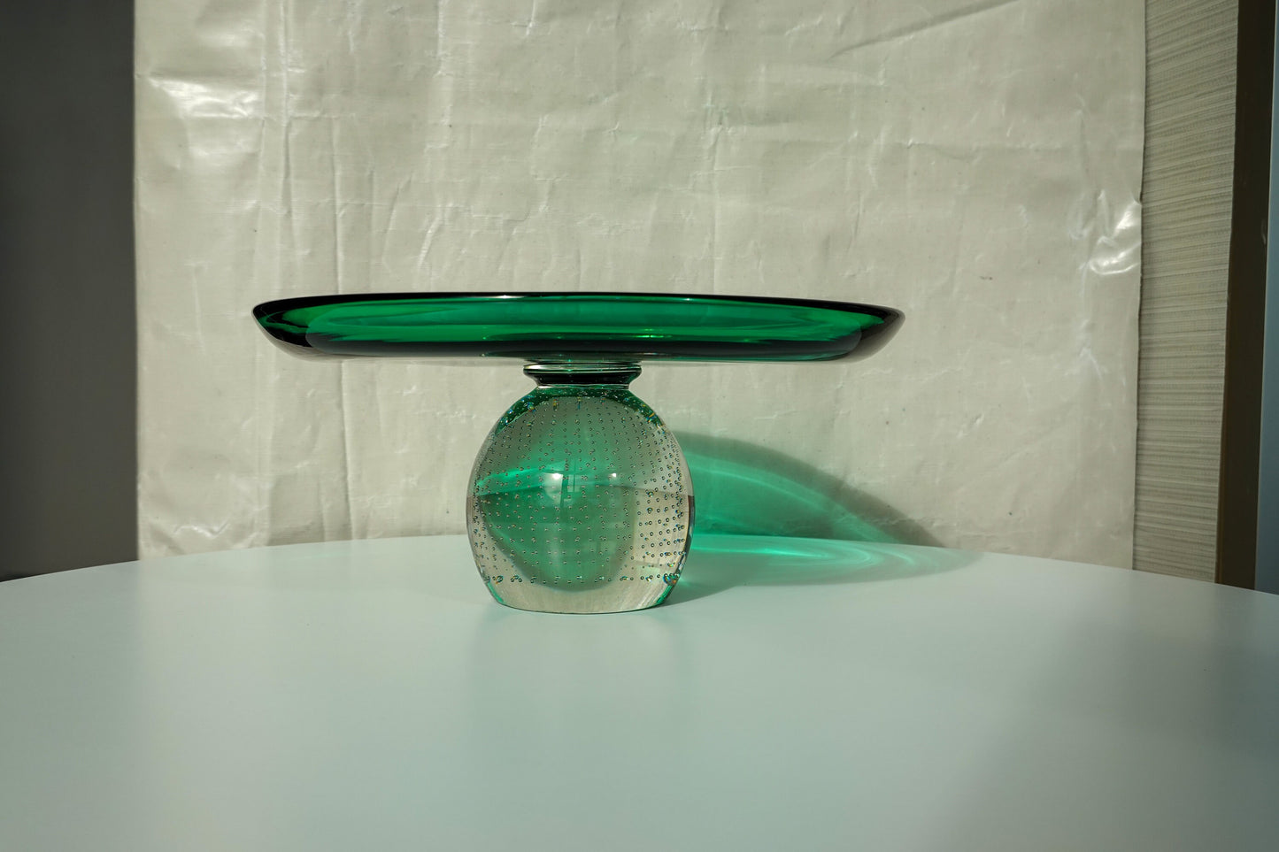 Vintage Emerald Green & Clear Glass Stand - Weighted Bottom - Controlled Bubbles - Bullicante - Cake Stand - Hand Blown - Erickson Glass