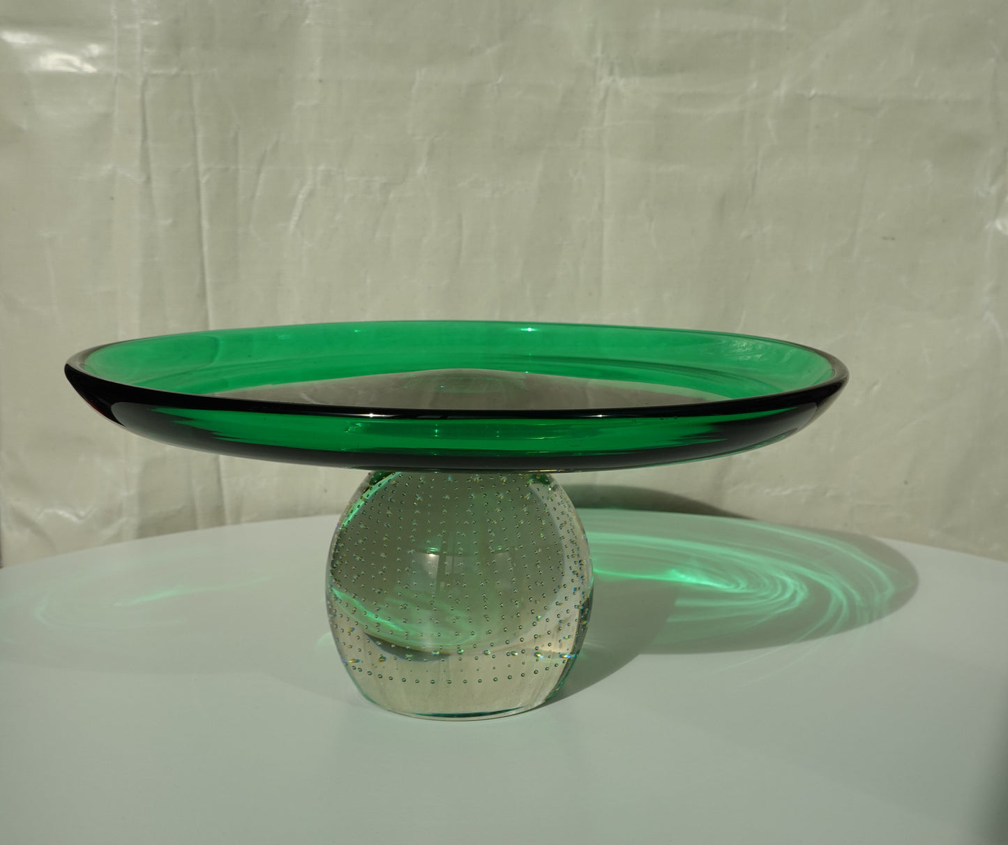 Vintage Emerald Green & Clear Glass Stand - Weighted Bottom - Controlled Bubbles - Bullicante - Cake Stand - Hand Blown - Erickson Glass