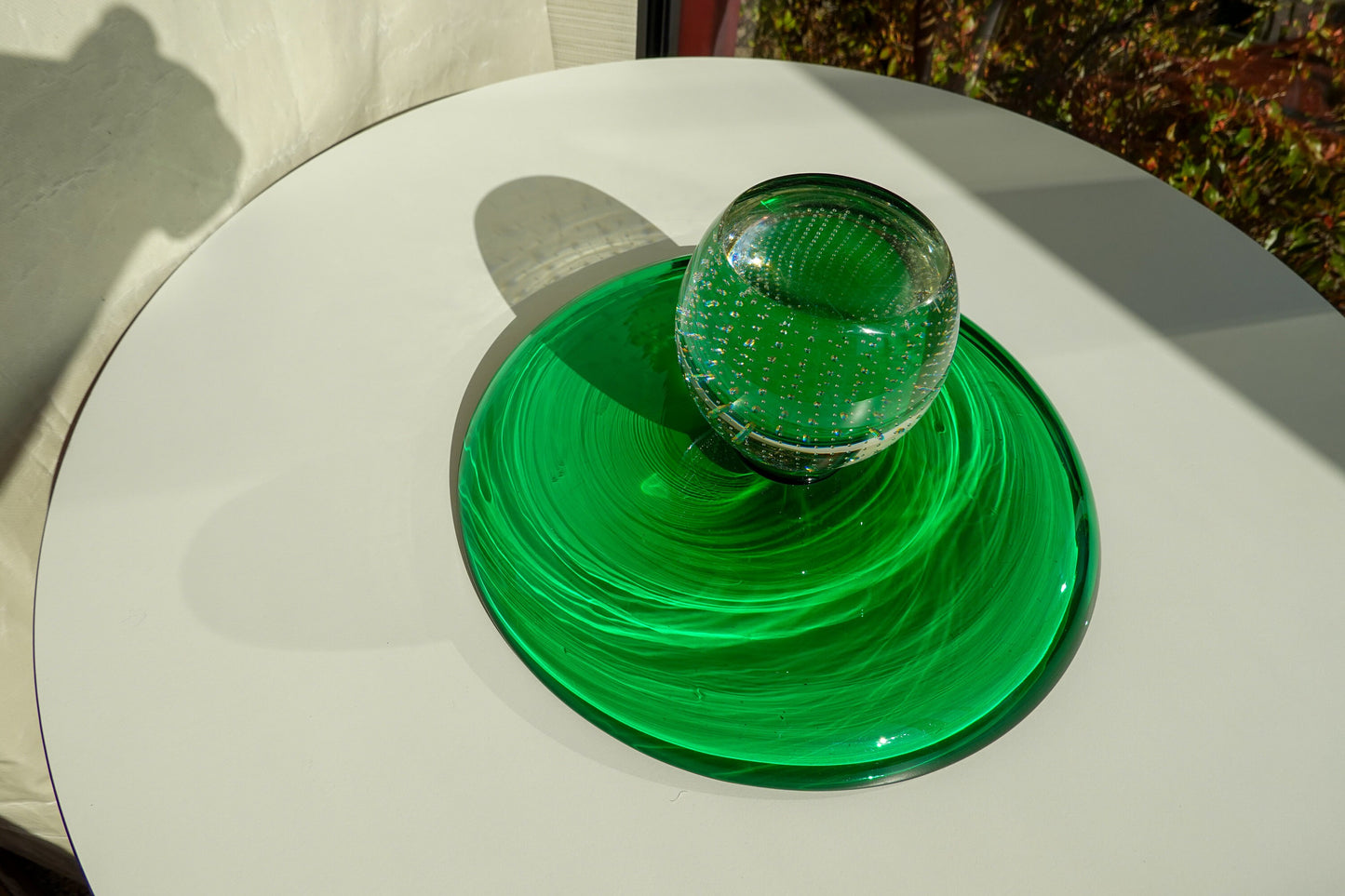 Vintage Emerald Green & Clear Glass Stand - Weighted Bottom - Controlled Bubbles - Bullicante - Cake Stand - Hand Blown - Erickson Glass