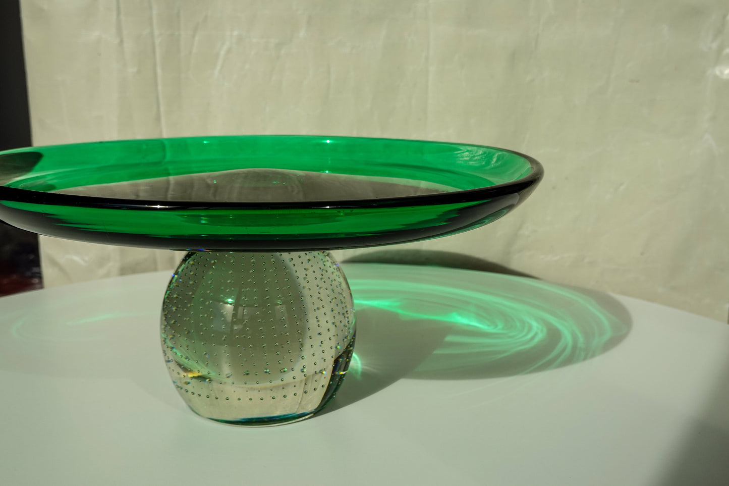Vintage Emerald Green & Clear Glass Stand - Weighted Bottom - Controlled Bubbles - Bullicante - Cake Stand - Hand Blown - Erickson Glass