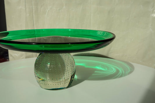 Vintage Emerald Green & Clear Glass Stand - Weighted Bottom - Controlled Bubbles - Bullicante - Cake Stand - Hand Blown - Erickson Glass