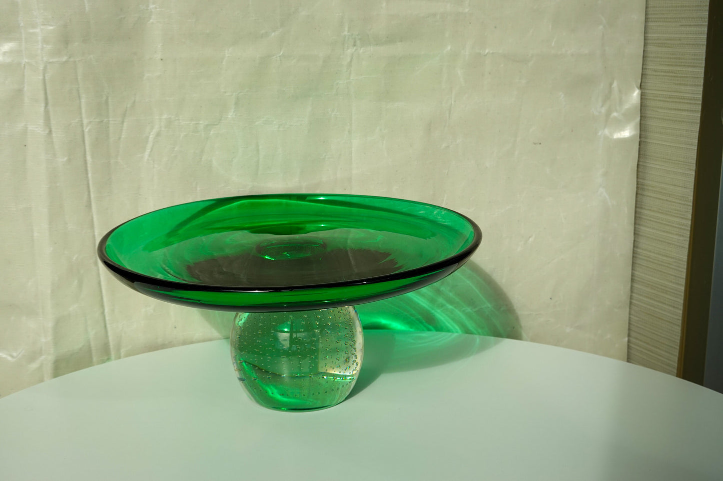 Vintage Emerald Green & Clear Glass Stand - Weighted Bottom - Controlled Bubbles - Bullicante - Cake Stand - Hand Blown - Erickson Glass