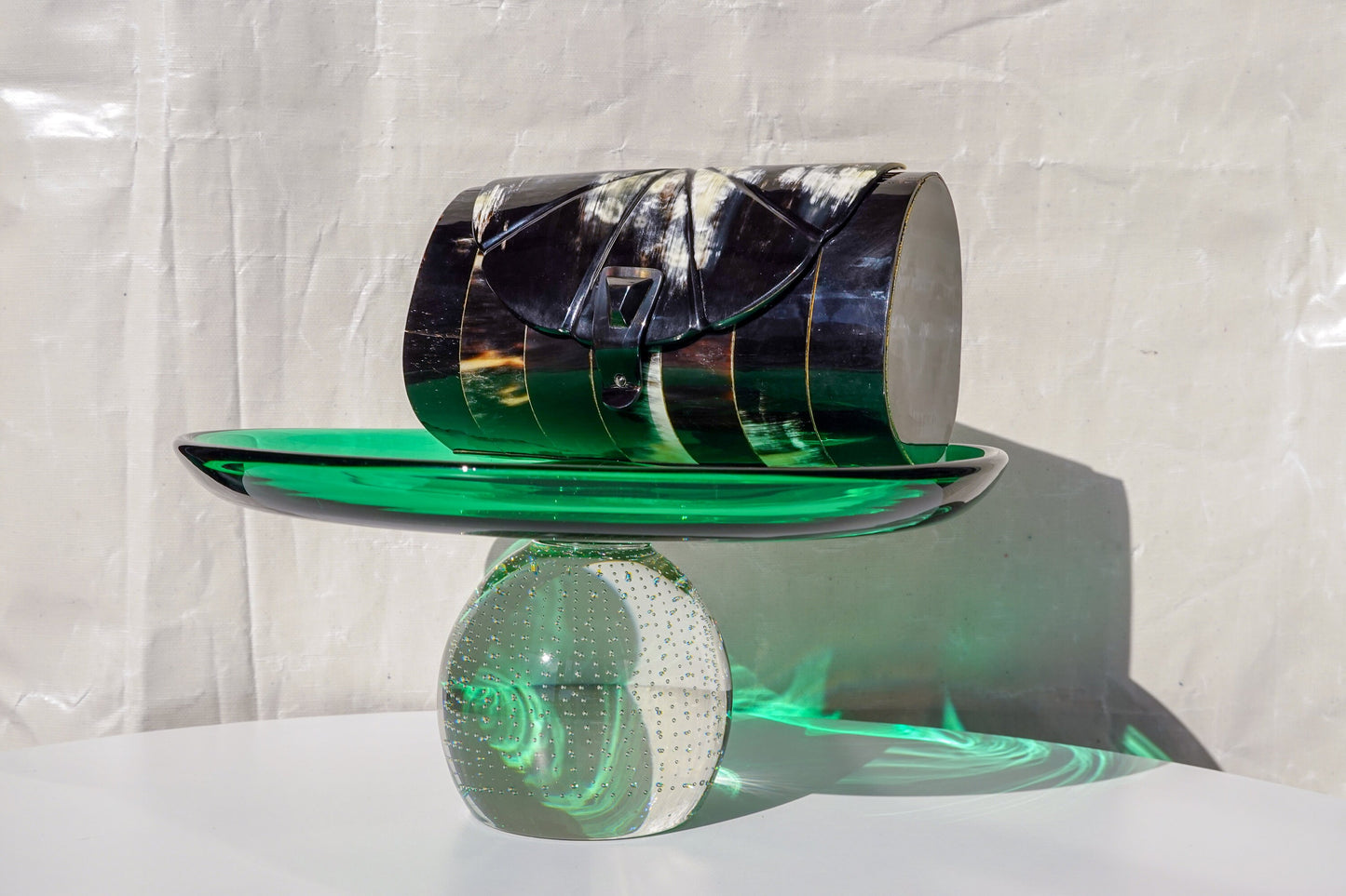 Vintage Emerald Green & Clear Glass Stand - Weighted Bottom - Controlled Bubbles - Bullicante - Cake Stand - Hand Blown - Erickson Glass