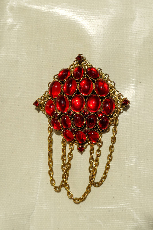 40's Judy Lee Converter Pendant Brooch - Vintage Red Glass Cabochon Brooch - Early Designer Signed Costume Jewelry - Gold and Ruby Pendant