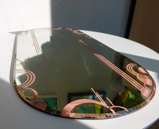20's True Art Deco Platform Mirror - Pink Graphic Vanity Mirror - Vintage, Antique Oval Mirror - Vintage Boudoir - Vanity Tray