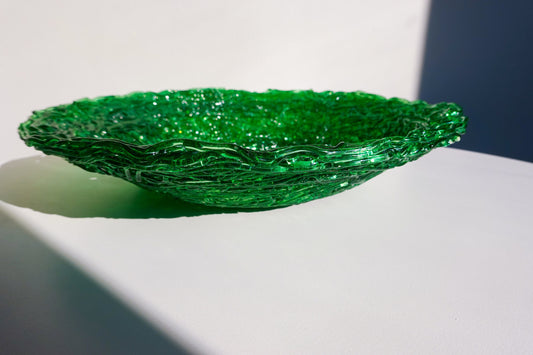 60's Spun Spaghetti Acrylic Bowl - Vintage Green Transparent 12" Centerpiece Bowl