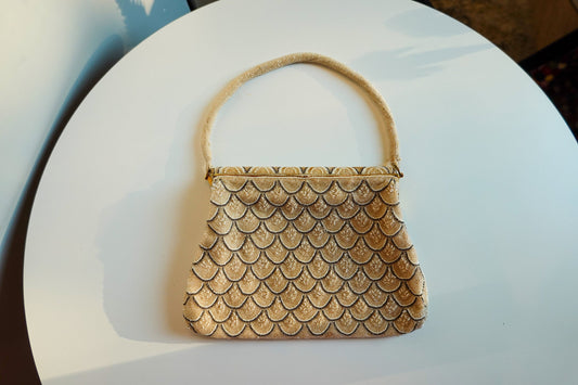 30's Beaded, Scalloped Vintage Evening Bag - Handmade in France - Gold, Silver Handmade Formal Bag