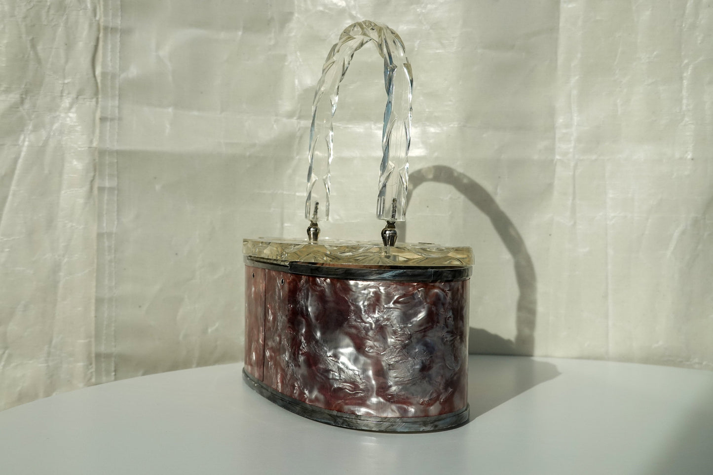 50's Pearlized Lucite Purse - Oval Box Bag with Carved Details - Vintage Taffeta Acrylic Bag by Charles Kahn
