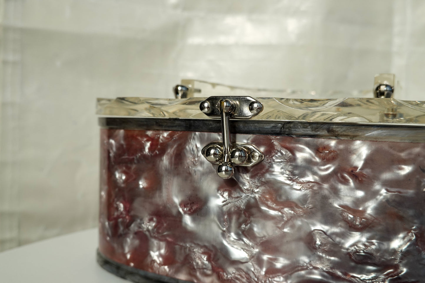 50's Pearlized Lucite Purse - Oval Box Bag with Carved Details - Vintage Taffeta Acrylic Bag by Charles Kahn