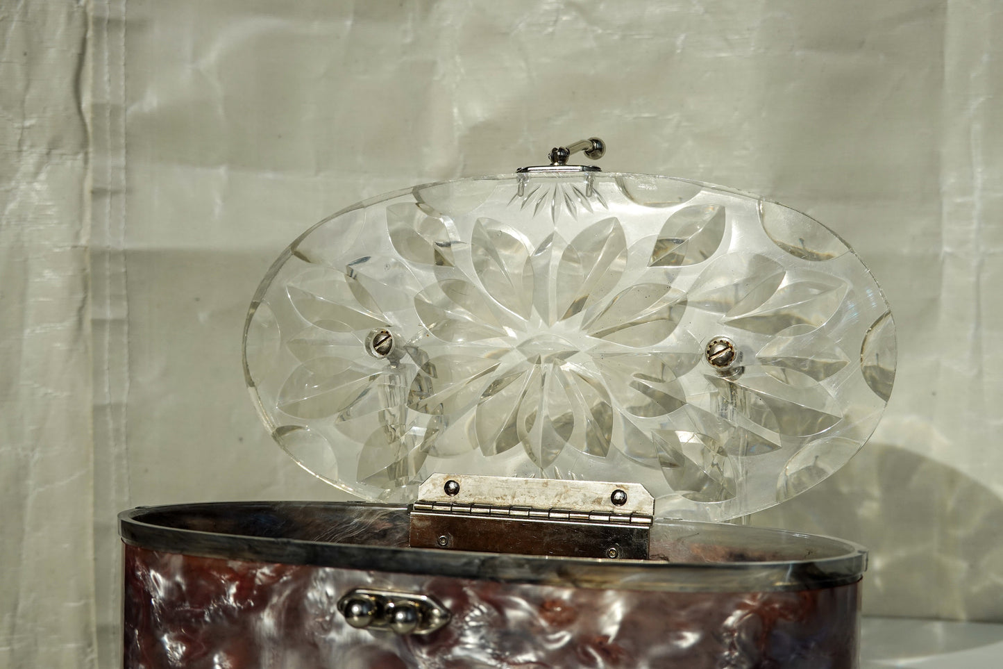 50's Pearlized Lucite Purse - Oval Box Bag with Carved Details - Vintage Taffeta Acrylic Bag by Charles Kahn