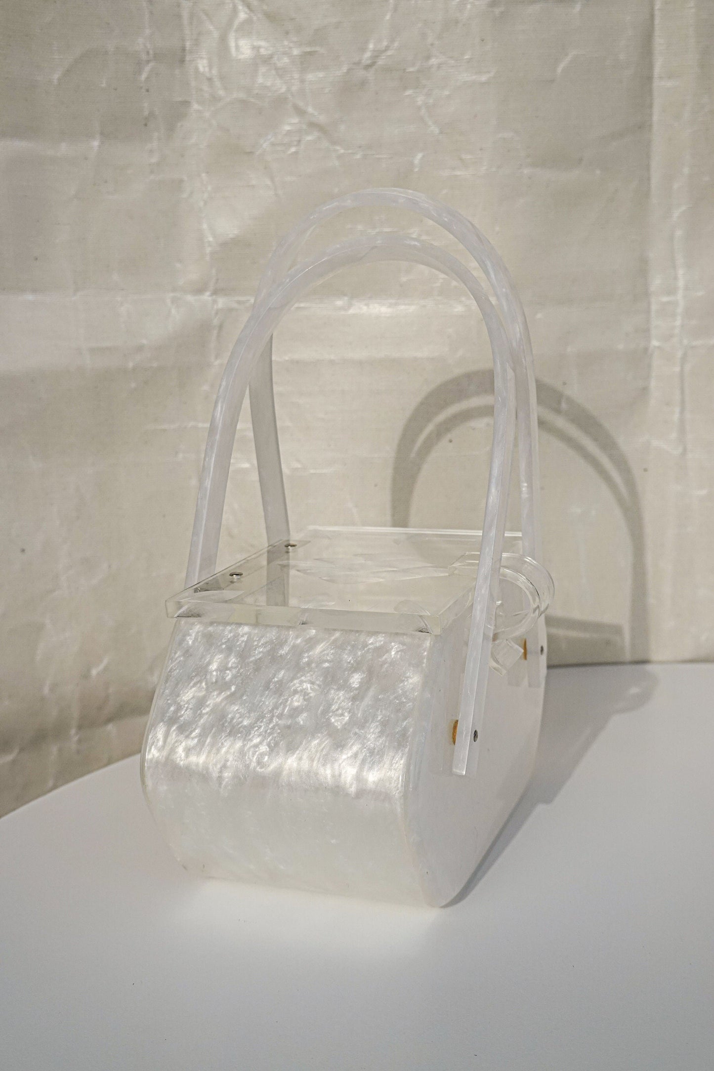 50's Pearly White Lucite Purse - Unique Shape Box Bag - Vintage Acrylic Evening Bag with Carved Top by Siran