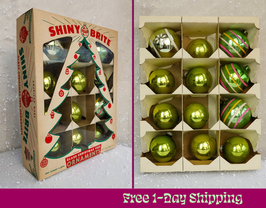 50's Christmas Ornaments - Set of 12 Assorted Green Vintage Shiny Brite Xmas Ornaments - Hand Painted Glass, Stripe, Sphere - Mercury Glass